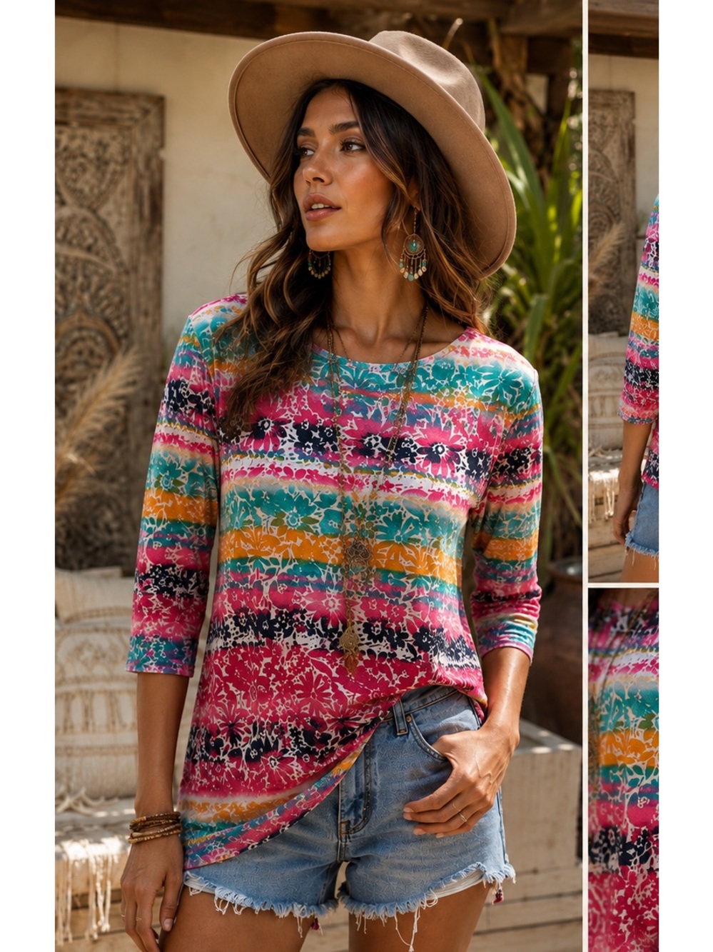 Ruby Rd.‎ Striped Floral 3/4  Sleeve Top in Pink, Teal & Mustard
